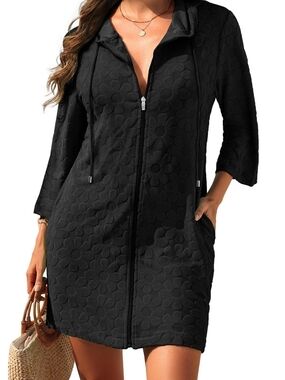 Nique Black Floral Textured Zip Front Hoodie Cover-Up